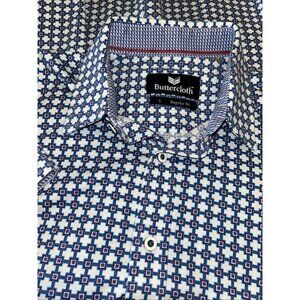Buttercloth Button Up Shirt Regular Fit Men's Large Blue White Geometric Cotton